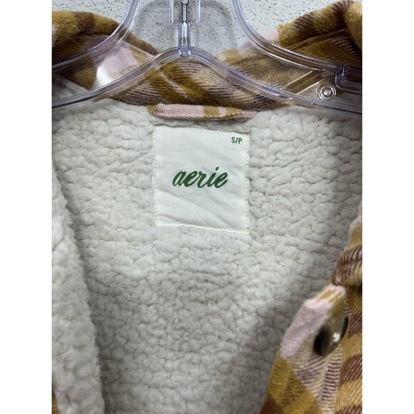 Aerie Womens Shacket Shirt Jacket Small Yellow Pink Plaid Flannel Sherpa Lined - Picture 6 of 11